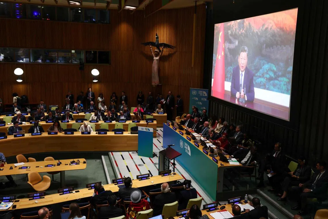 Chinese President Xi Jinping speaking remotely during the Climate Summit 2025 discussion on the sidelines of the UN General Assembly on Sept 24.