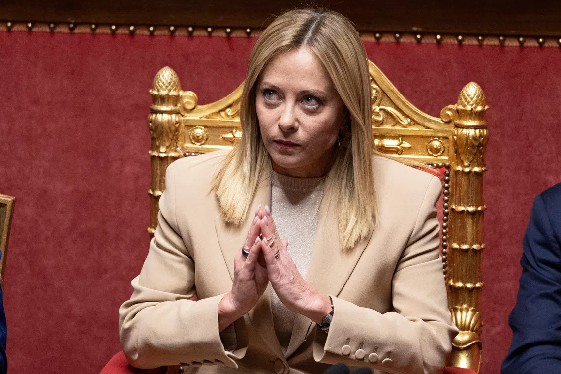 Italy's Prime Minister Giorgia Meloni gestures as she appears at the Senate, ahead of the European Council in Brussels, in Rome, Italy, October 22, 2025. REUTERS/Remo Casilli