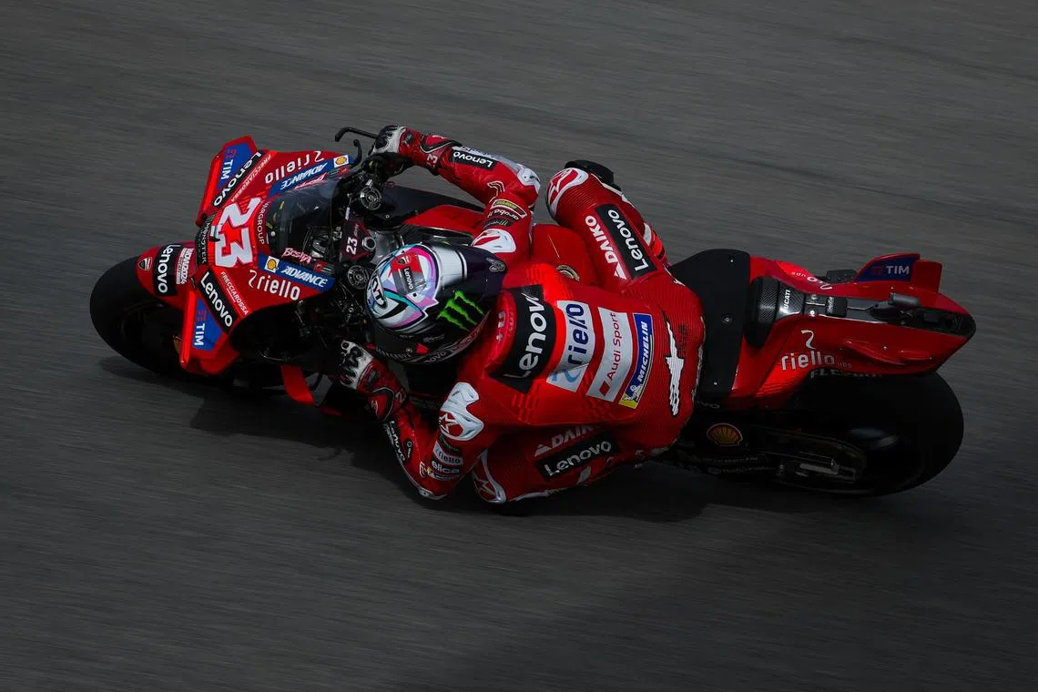 Italian Enea Bastianini of the Ducati Lenovo Team in the qualifying for the Motorcycling Grand Prix of Portugal, in Portimao on March 23, 2024. 