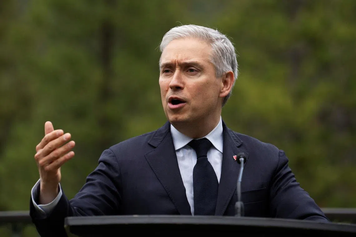 Canadian Finance Minister Francois-Philippe Champagne holds a press conference with Ukraine Minister of Finance, Sergii Marchenko (not pictured), after the two met during the G7 finance ministers and central bank governors meeting in Banff, Alberta, Canada, May 20, 2025.  REUTERS/Todd Korol