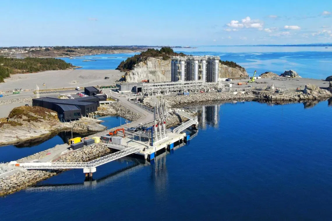 dfccs - Caption: Receiving terminal for CO2 transport ships at Øygarden in Norway. The first phase of Norway's Northern Lights carbon capture and storage project is due to start operation later in 2024. Ships carrying liquid CO2 captured from heavy industry will dock at the receiving terminal. The CO2 is then pumped via pipeline to a geological storage site about 2.5km under the seabed. 

Credit: Equinor
pics for Opinion