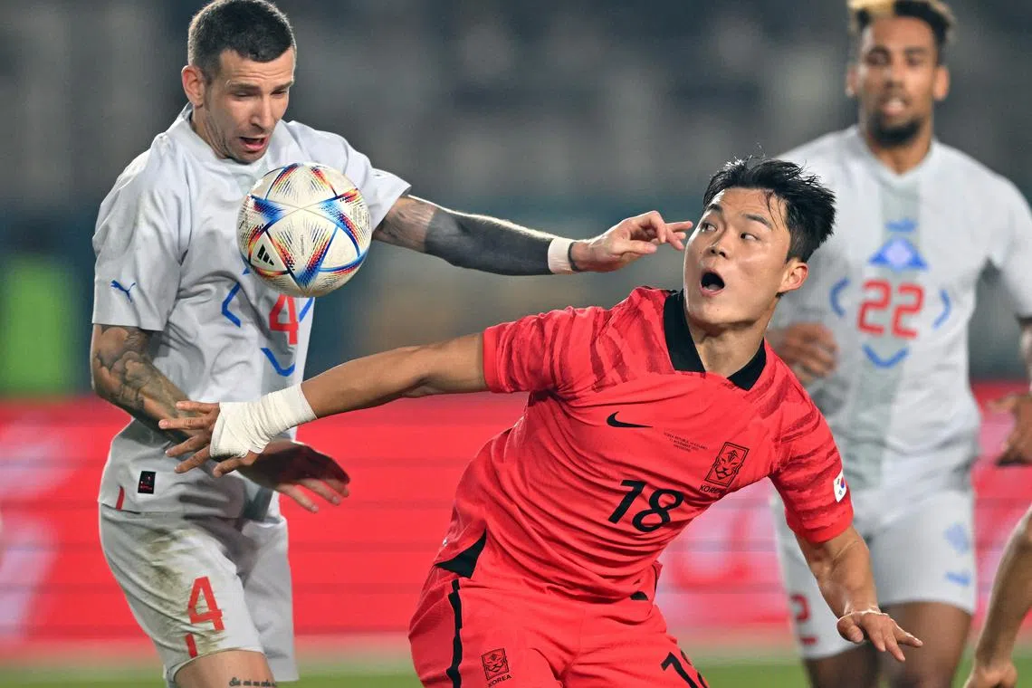 South Korea's Oh Hyeon-gyu (centre) made his senior international debut against Iceland in Hwaseong on November 11, 2022.