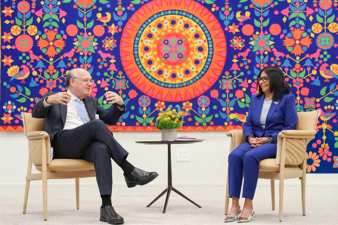 Venezuela's acting President Delcy Rodriguez meets with Inter-American Development Bank President Ilan Goldfajn ahead of the 81st session of the United Nations General Assembly in New York City, US, September 21, 2026. Miraflores Palace/Handout via REUTERS