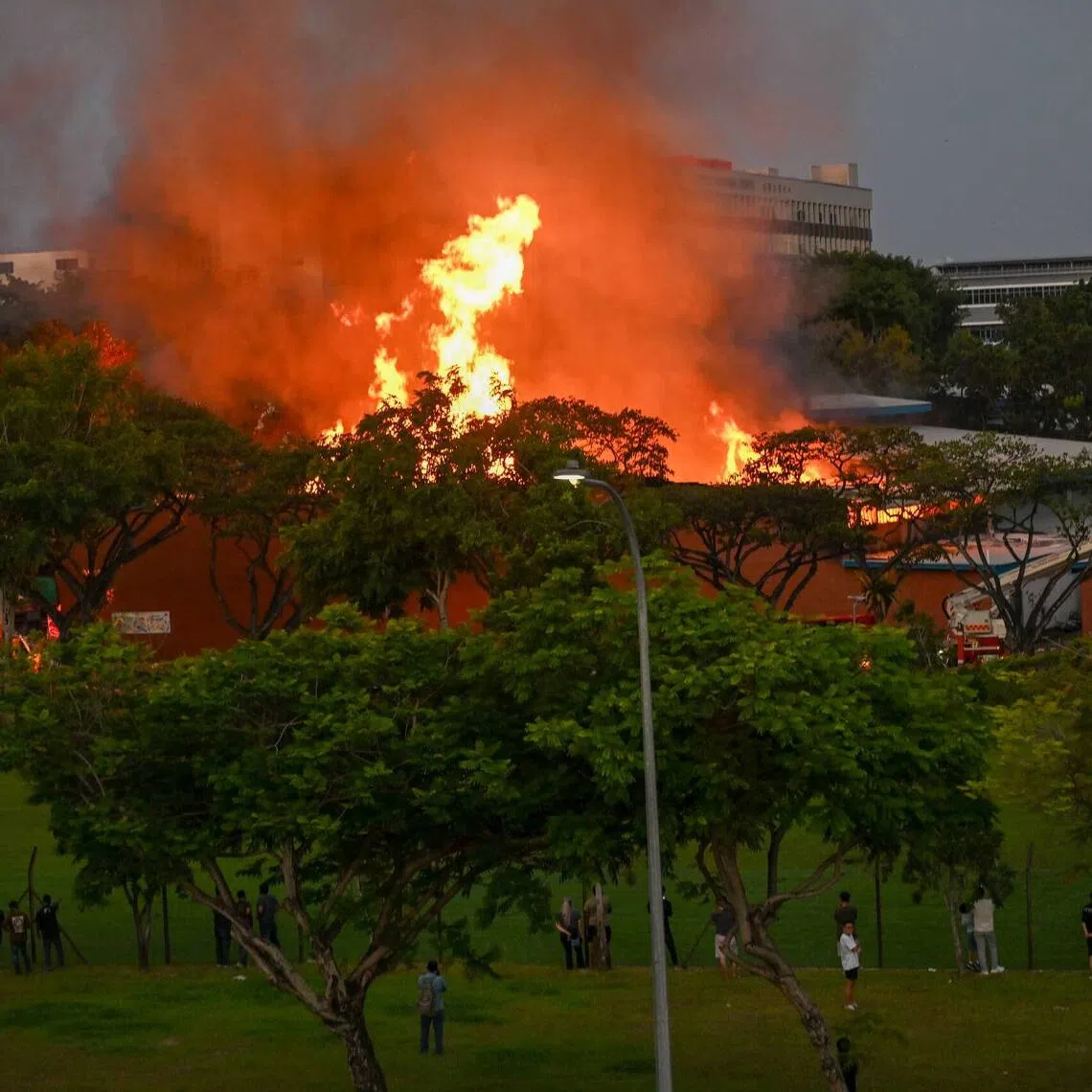 The fire involved building materials and office equipment, and engulfed three workshop units, said SCDF. 