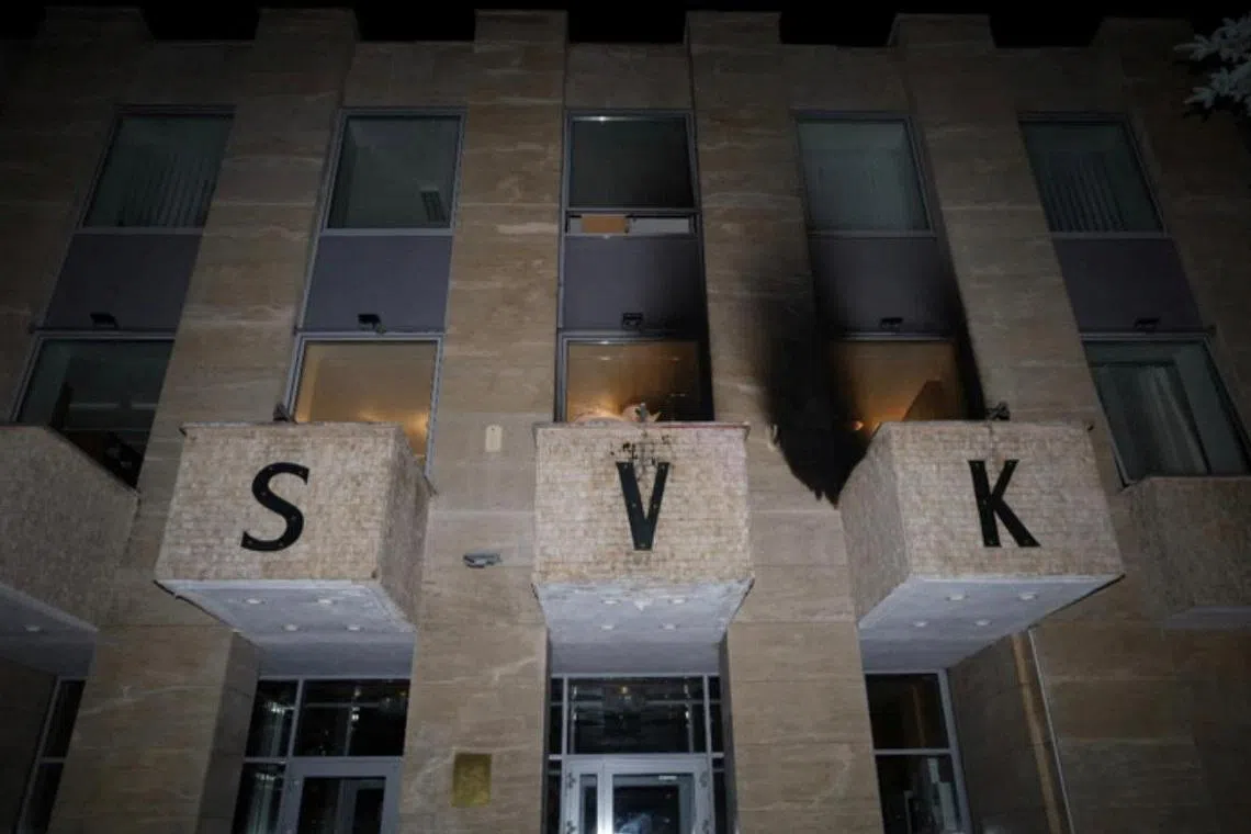 A handout image released on March 27, 2026 shows the facade of the Russian cultural centre after an unknown attacker threw several Molotov cocktails at the building in Prague, Czech Republic. Czech Police/Handout via REUTERS