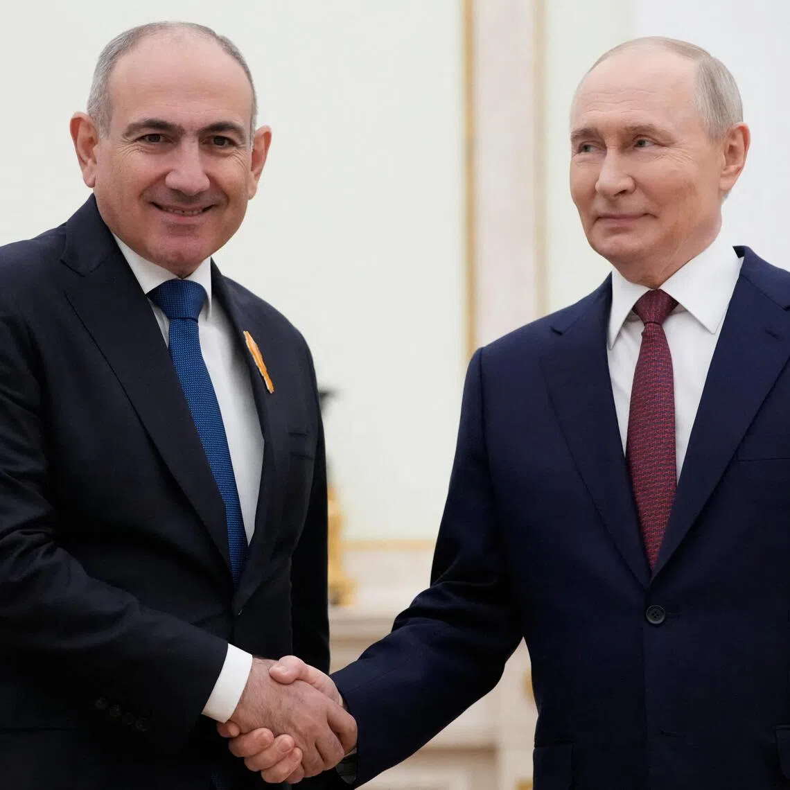 Armenian Prime Minister Nikol Pashinyan (left) and Russian President Vladimir Putin meeting at the Kremlin in Moscow on April 1.