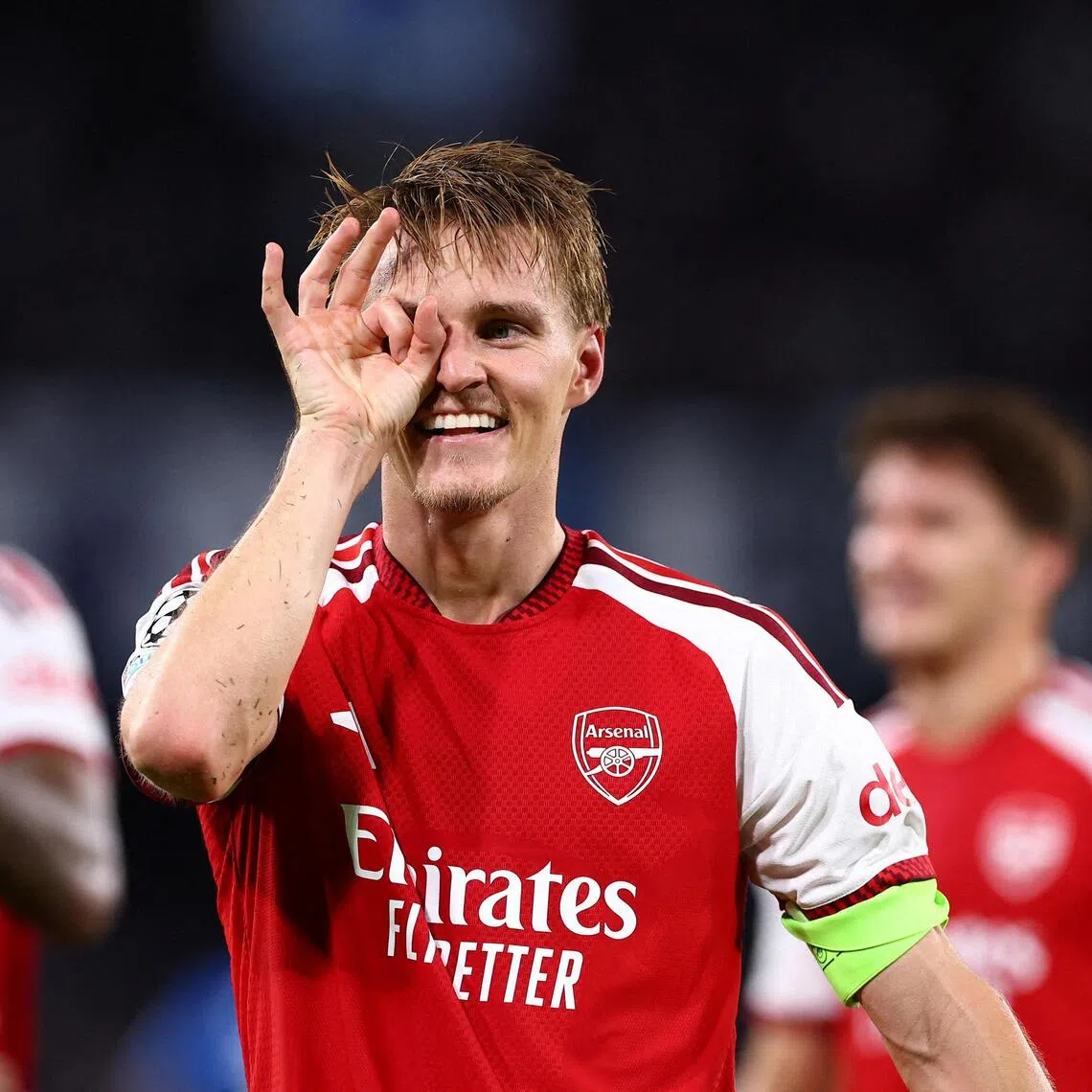 Martin Odegaard celebrates scoring Arsenal’s only goal of the match in their win over Napoli.