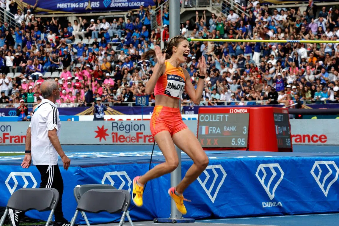 Yaroslava Mahuchikh reacting after beating the world record in the women's high jump at the Diamond League.