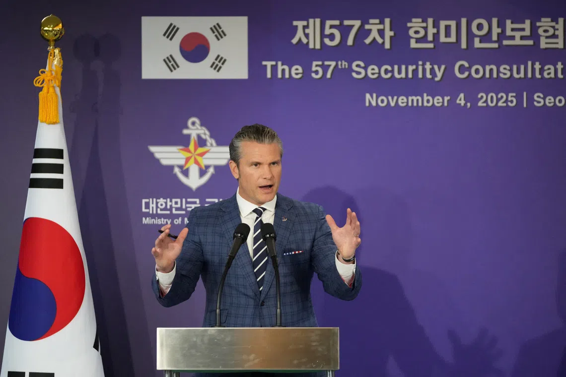 U.S. Defense Secretary Pete Hegseth, speaks during the joint press conference with South Korean Defense Minister Ahn Gyu-Back, following the 57th Security Consultative Meeting at the Defense Ministry in Seoul, South Korea, Tuesday, Nov. 4, 2025.     Lee Jin-man/Pool via REUTERS