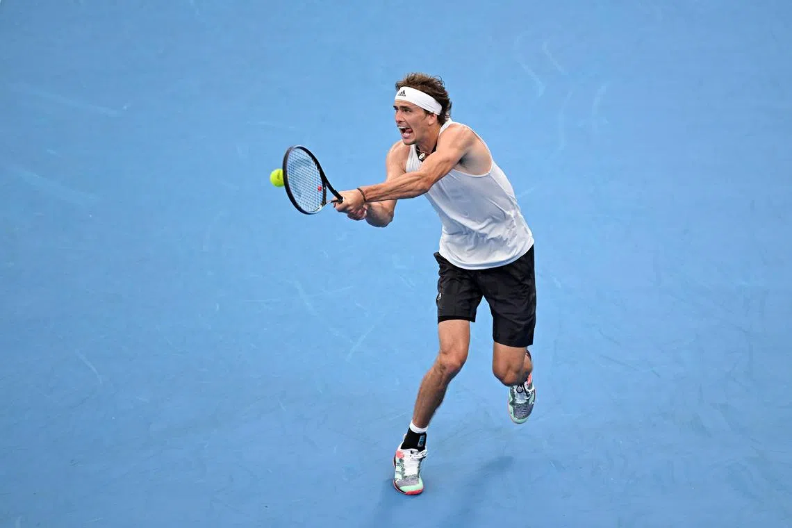 German Alexander Zverev returning to Jiri Lehecka of the Czech Republic in their United Cup tennis match in Sydney on Dec 31, 2022.