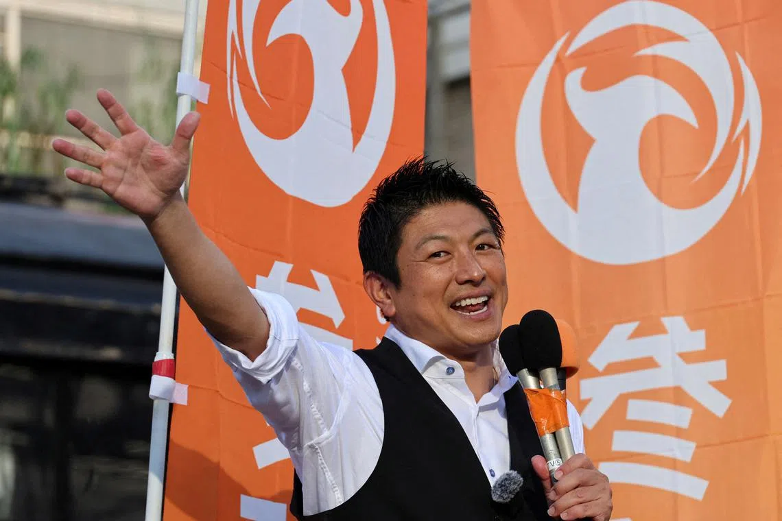 Japan's Sanseito party leader Sohei Kamiya delivers a speech during the party’s rally in Tokyo, Japan, July 21, 2025, a day after the upper house election. 