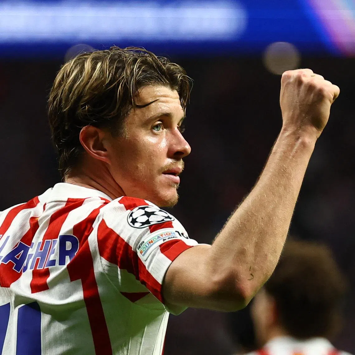 Soccer Football - UEFA Champions League - Atletico Madrid v Union Saint-Gilloise - Riyadh Air Metropolitano, Madrid, Spain - November 4, 2025 Atletico Madrid's Conor Gallagher celebrates scoring their second goal. REUTERS/Susana Vera