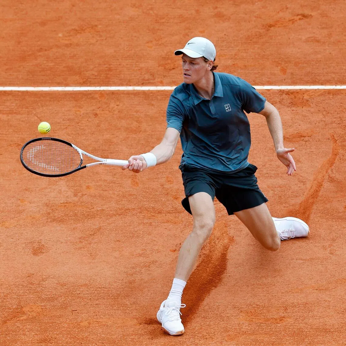 Jannik Sinner of Italy in action during his 6-3, 6-0 win over Ugo Humbert of France at the ATP Monte-Carlo Masters tennis tournament in Roquebrune Cap Martin, France, on April 7, 2026.