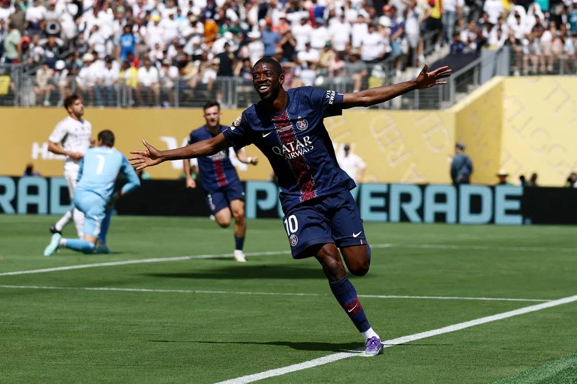 FILE PHOTO: Soccer Football - FIFA Club World Cup - Semi Final - Paris St Germain v Real Madrid - MetLife Stadium, East Rutherford, New Jersey, U.S. - July 9, 2025 Paris St Germain's Ousmane Dembele celebrates scoring their second goal REUTERS/Lee Smith/File Photo