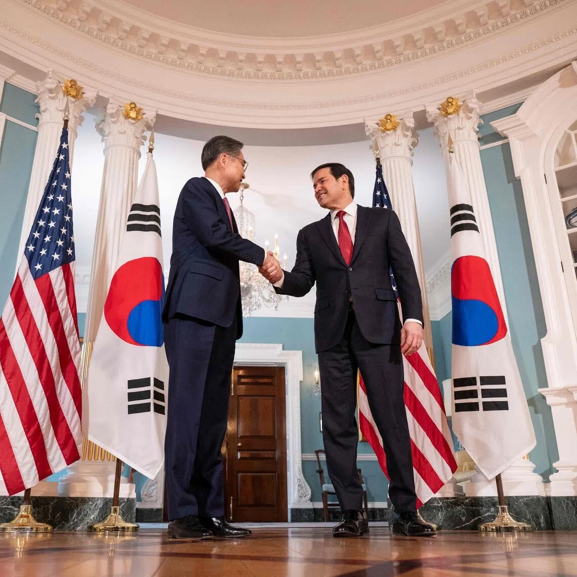 US Secretary of State Marco Rubio welcoming visiting South Korean Foreign Minister Cho Hyun at the State Department  in Washington on Feb 3.