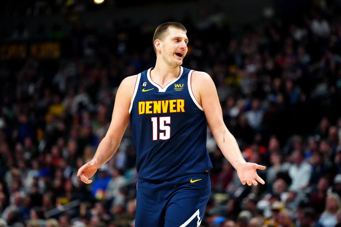 Denver Nuggets centre Nikola Jokic reacts in the second half against the Portland Trail Blazers at Ball Arena on Tuesday. 