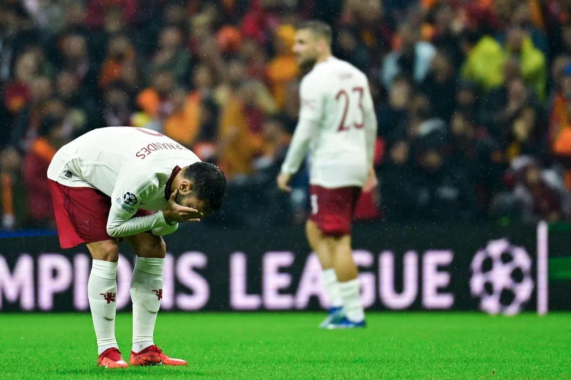 United's Bruno Fernandes reacts at the end of the match against Galatasaray.