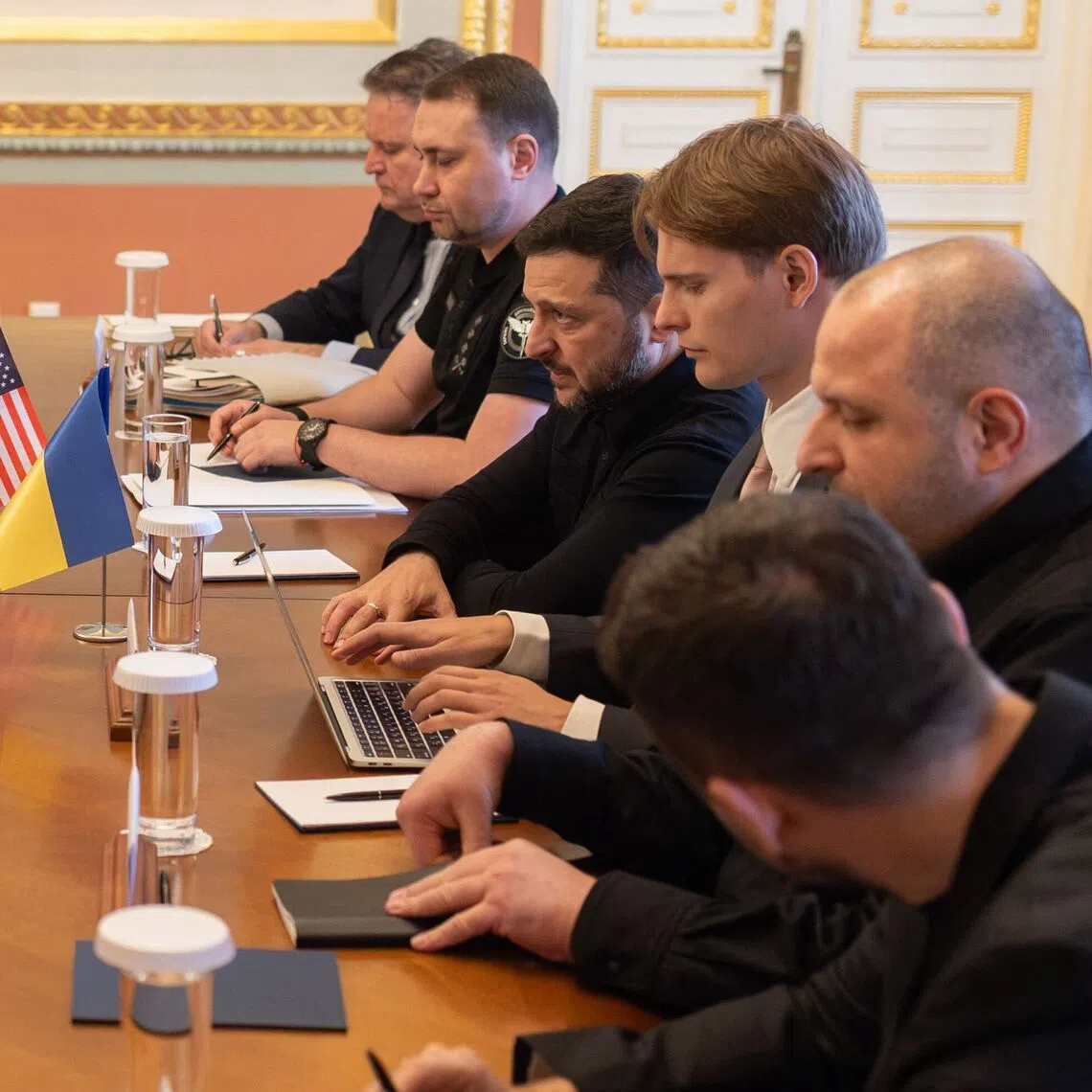 Ukraine’s President Volodymyr Zelensky (fourth from right) meeting with US envoys Steve Witkoff and Jared Kushner (third and second from left, respectively) in Kyiv.