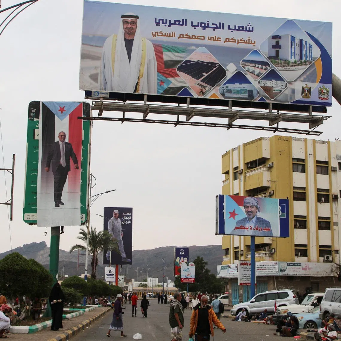 Billboards with images of UAE President Mohamed bin Zayed Al Nahyan and Yemen’s Southern Transitional Council leader Aidarous al-Zubaidi in Aden, Yemen, on Dec 30.