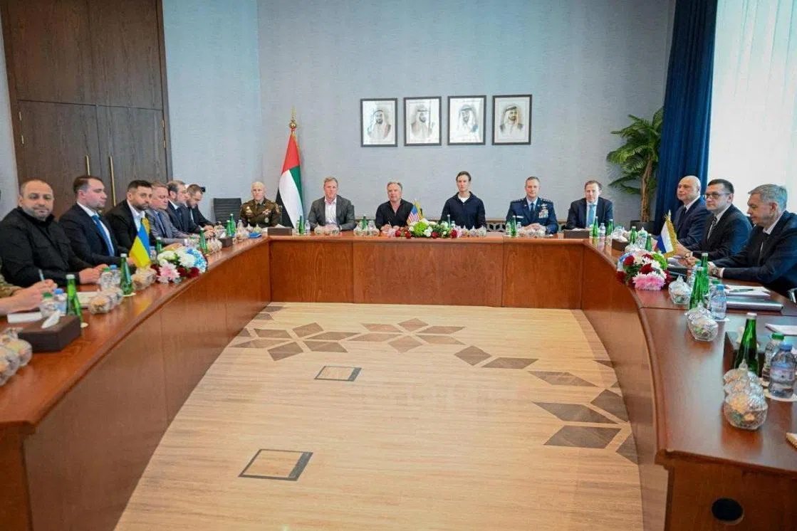 (From left) Ukrainian, US and Russian delegates attending the Feb 4 talks in Abu Dhabi aimed at ending Russia's war in Ukraine. 