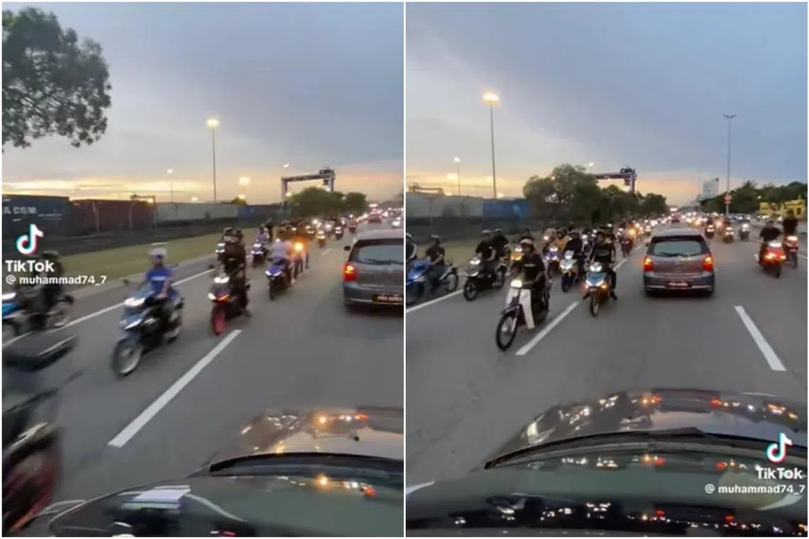 The motorcyclists were seen on the first and third lane of the Butterworth Outer Ring Road going against the flow of traffic, while cars and other vehicles were on the middle lane.