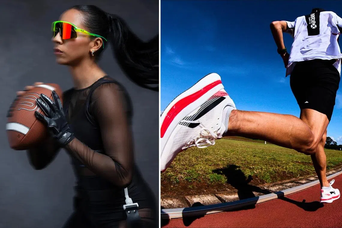 Female model wearing Oakley’s Stunt Collection eyewear and man running while wearing Li-Ning’s Red Hare 9 Ultra shoes