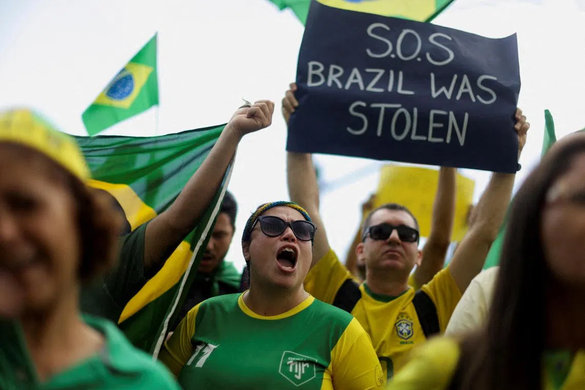 People protest against the result of Brazil's election in a bid to get the army to overturn the result, on Nov 6, 2022.