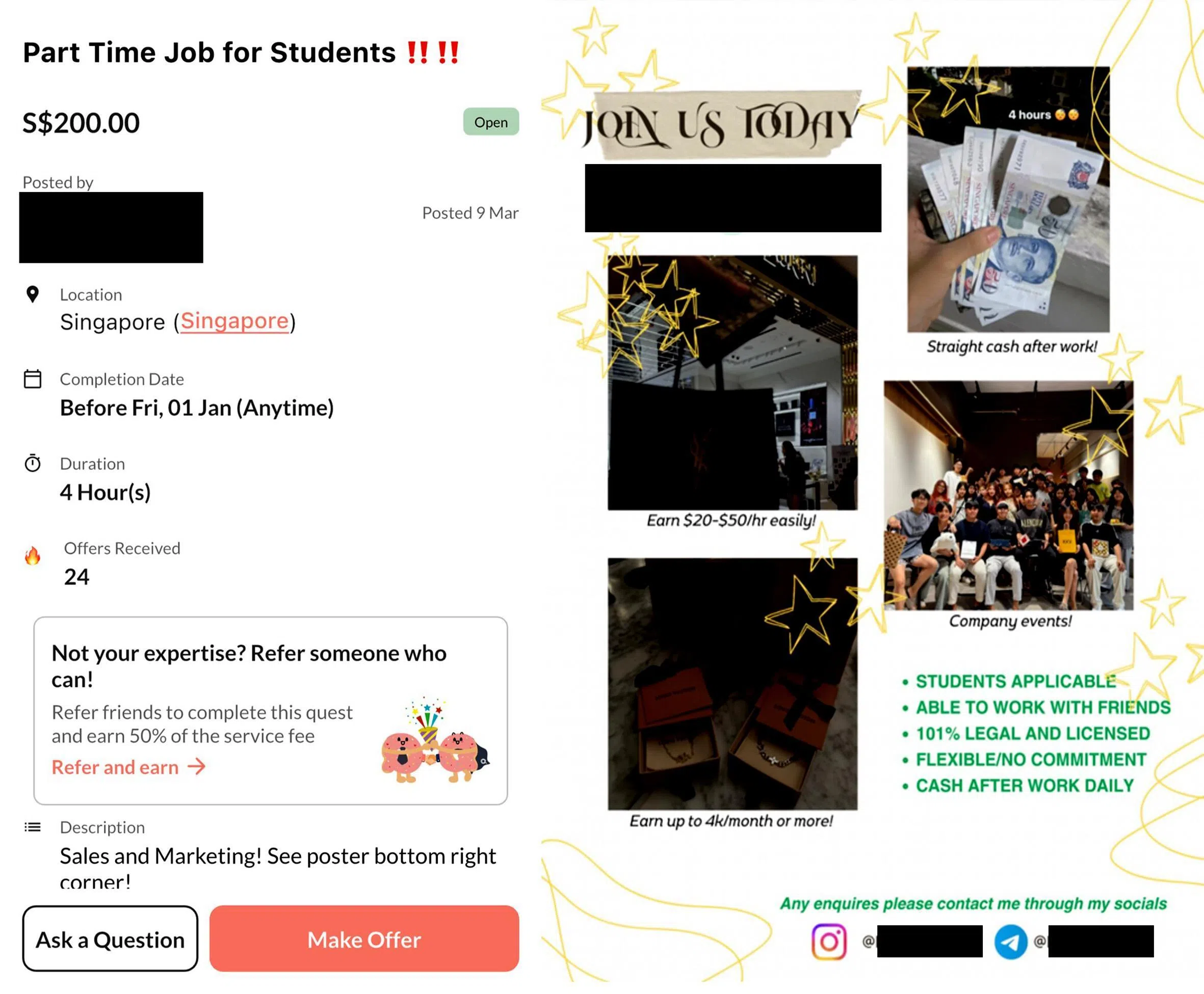A job advertisement on a local gig-work platform targeted at students directed interested applicants to contact a social media account listed on an accompanying poster.