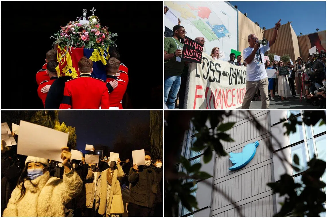 (Clockwise from top left) The death of Queen Elizabeth II, COP27's loss and damage fund, Twitter's blue tick and the Covid-19 protests in China were among the significant events of 2022.