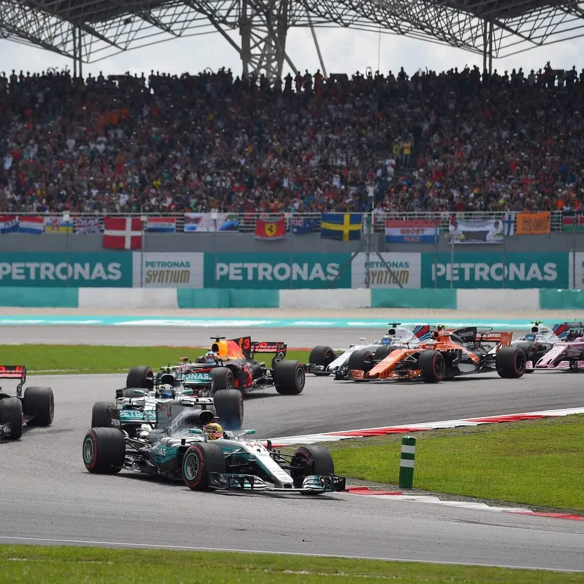 Lewis Hamilton leads the pack during the 2017 Formula One Malaysia Grand Prix in Sepang.