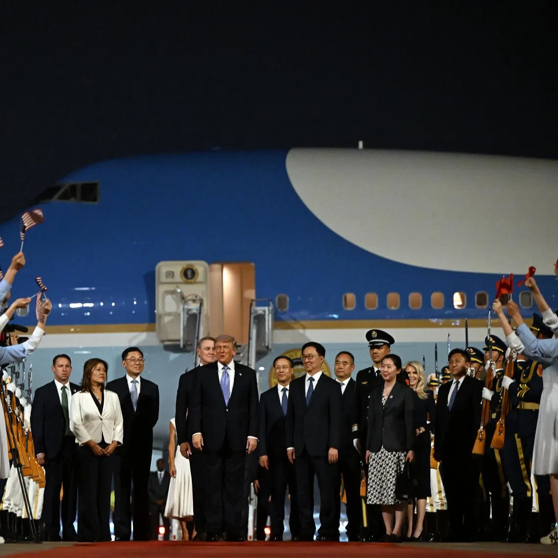 US President Donald Trump, accompanied by Chinese Vice-President Han Zheng, during a red-carpet greeting ceremony after arriving in Beijing on May 13.