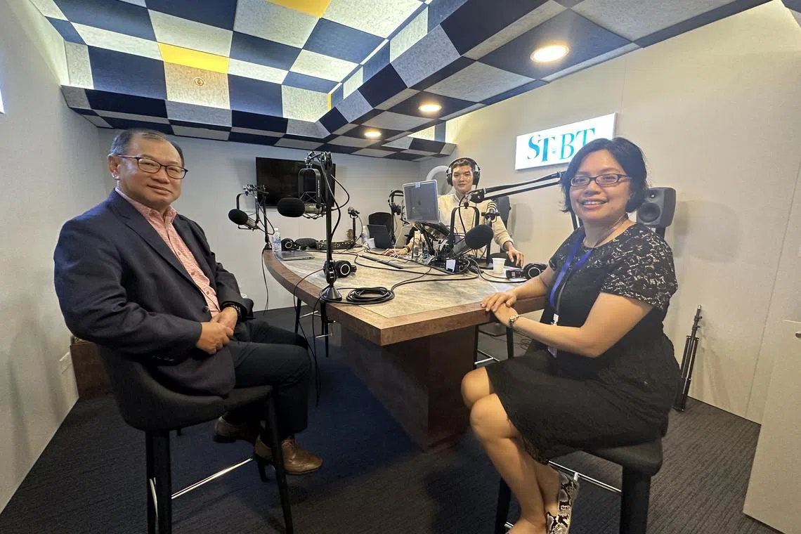 (From left) Lee Chiwi, Chief Executive at PreceptsGroup International, ST's podcast producer Teo Tong Kai, and associate editor Lee Su Shyan in the podcast studio.