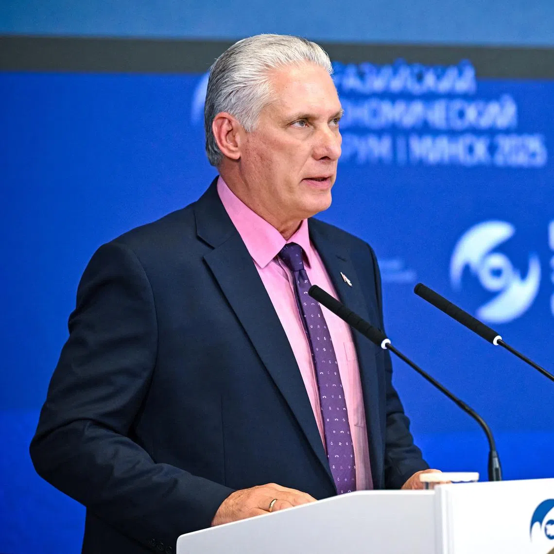 Cuban President Miguel Diaz-Canel delivers a speech during a plenary session of the Eurasian Economic Forum in Minsk, Belarus June 26, 2025. Sputnik/Sergey Bobylev/Pool via REUTERS