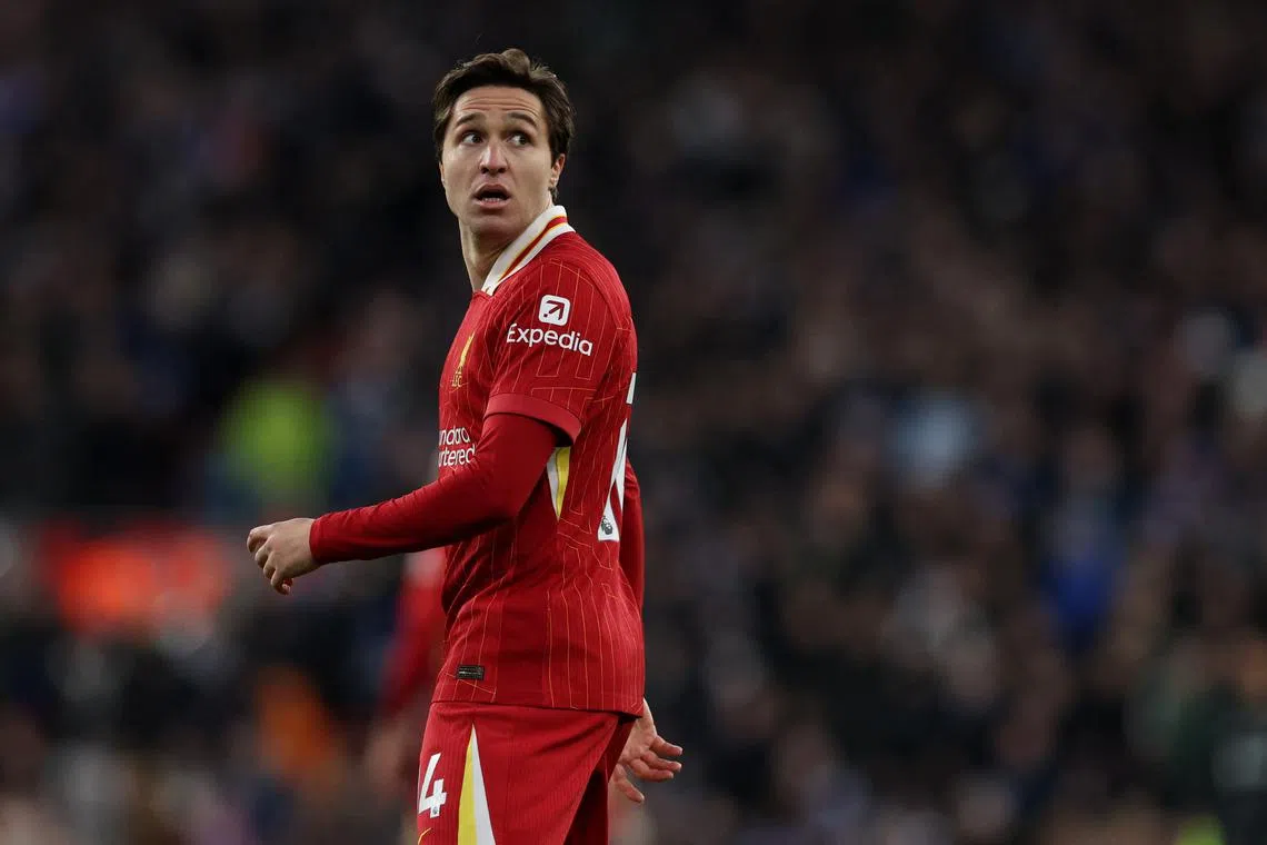 FILE PHOTO: Soccer Football - Premier League - Liverpool v Ipswich Town - Anfield, Liverpool, Britain - January 25, 2025 Liverpool's Federico Chiesa during the match REUTERS/Phil Noble/File Photo