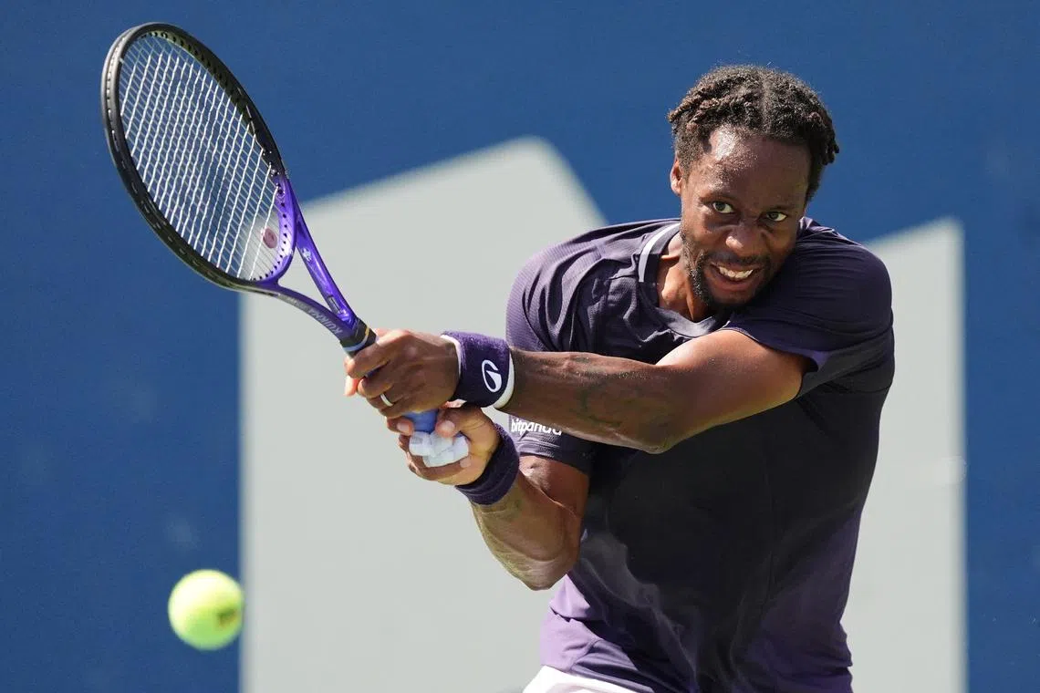 FILE PHOTO: Jul 27, 2025; Toronto, ON, Canada; Gael Monfils (FRA) hits a ball to Tomas Barrios Vera (not pictured) in first round play at Sobeys Stadium. Mandatory Credit: John E. Sokolowski-Imagn Images/ File Photo