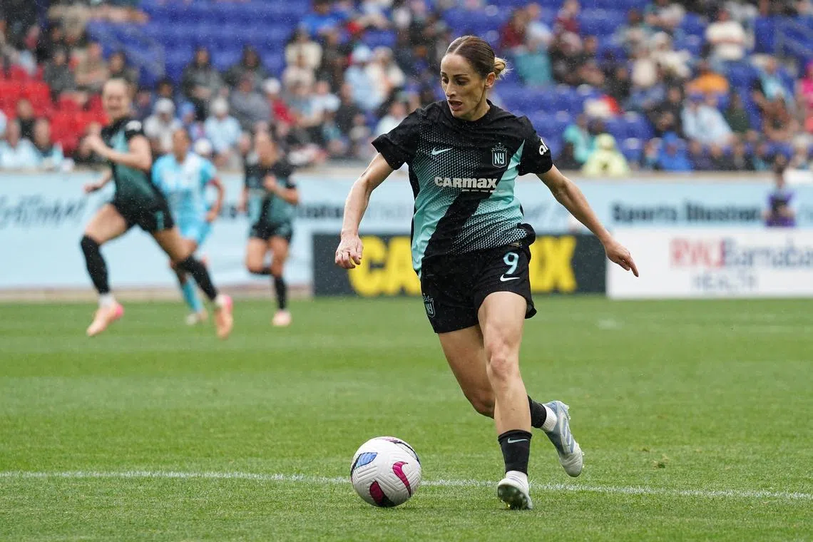 FILE PHOTO: May 4, 2025; Harrison, New Jersey, USA; Gotham FC forward Esther Gonzalez (9) dribbles during the second half against Chicago Stars FC at Sports Illustrated Stadium. Mandatory Credit: Lucas Boland-Imagn Images/File Photo