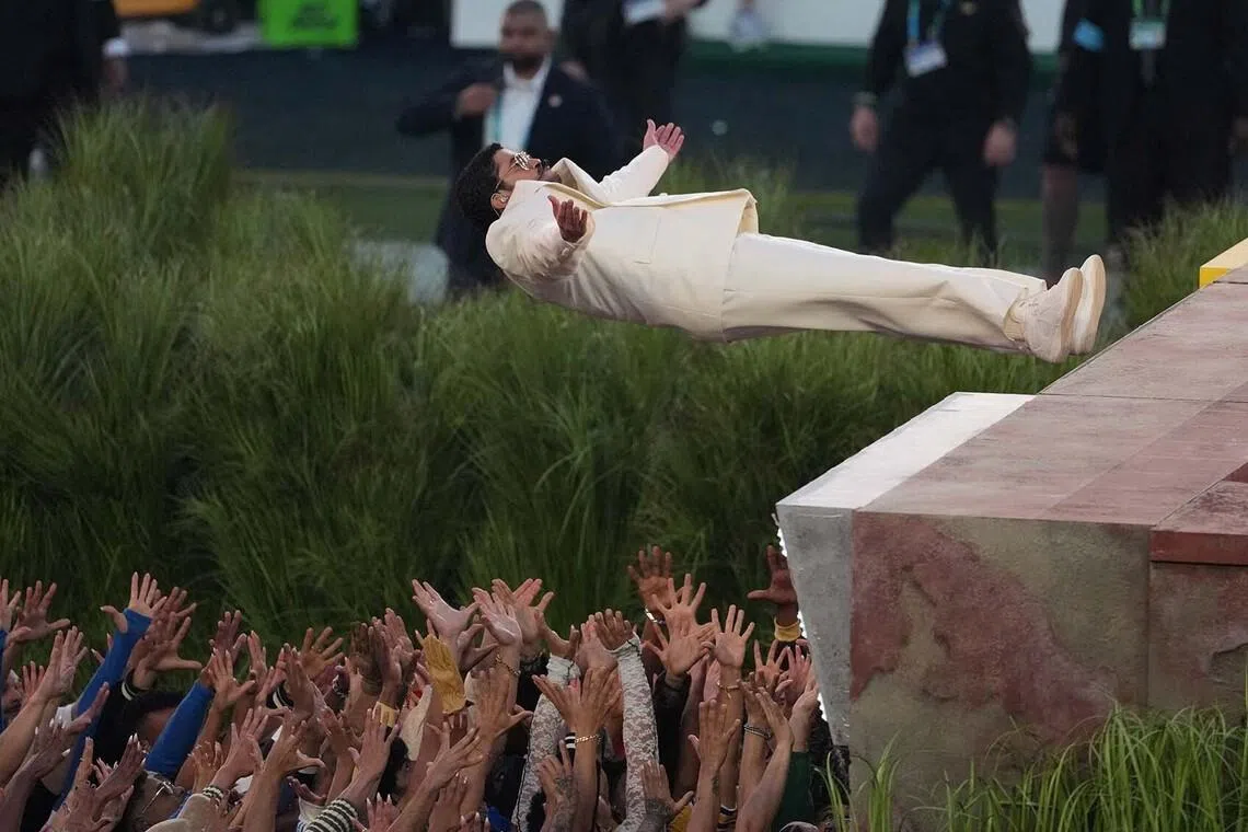 Recording artist Bad Bunny performing at halftime of Super Bowl LX between the New England Patriots and the Seattle Seahawks at Levi's Stadium, Santa Clara, California, US, on Feb 8, 2026.