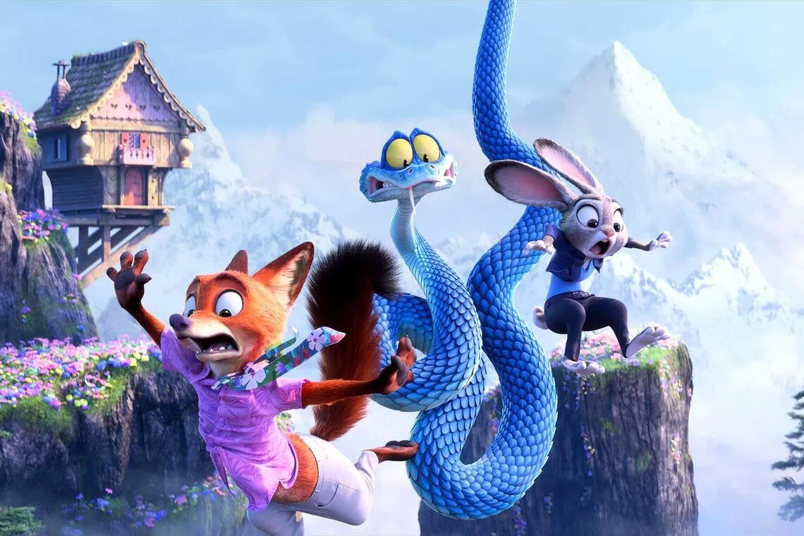 From left: : Nick Wilde (voiced by Jason Bateman), Gary De'Snake (voiced by Ke Huy Quan) and Judy Hopps (voiced by Ginnifer Goodwin) in Zootopia 2.