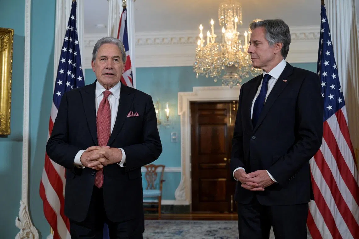U.S. Secretary of State Antony Blinken meets with New Zealand Foreign Minister Winston Peters at the State Department in Washington, U.S., April 11, 2024. REUTERS/Craig Hudson