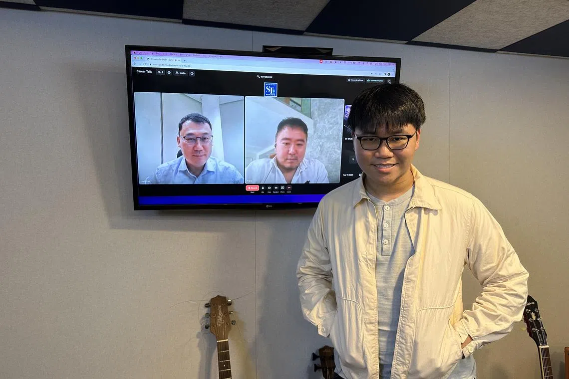 (From left) Mr Jack Lim, director of SMU Academy, Mr Frank Phuan, chief executive and co-founder of solar energy provider Sunseap, and ST journalist Tay Hong Yi in the podcast studio.