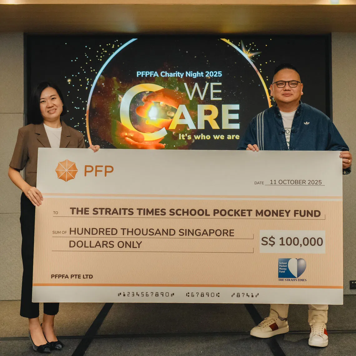 Financial advisory firm PFPFA made a $100,000 donation to the Straits Times School Pocket Money Fund and raised an additional $64,000 for it during the firm's charity night on Oct 11.