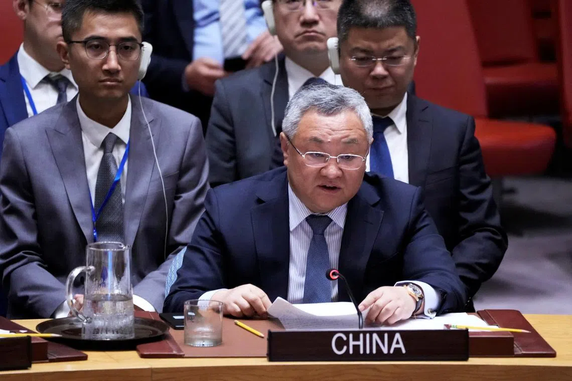 China's permanent representative to the UN Fu Cong, addresses during a meeting of the United Nations Security Council, following Israel’s attack on Iran, at U.N. headquarters in New York City, U.S., June 13, 2025. REUTERS/Eduardo Munoz