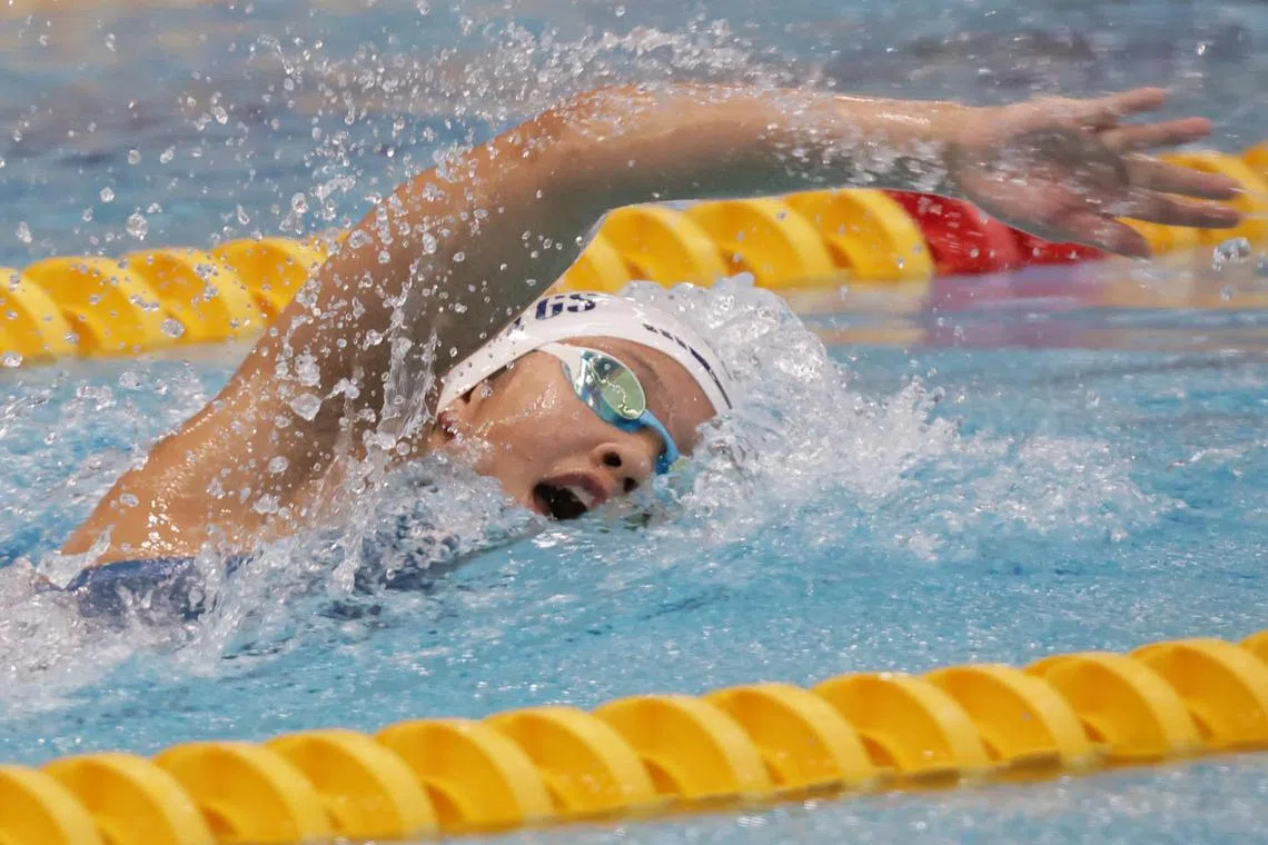 Megan Yo from Methodist Girls’ School anchoring her team to victory in the C division girls’ 4x50m freestyle relay final at OCBC Aquatic Centre on April 26, 2024.