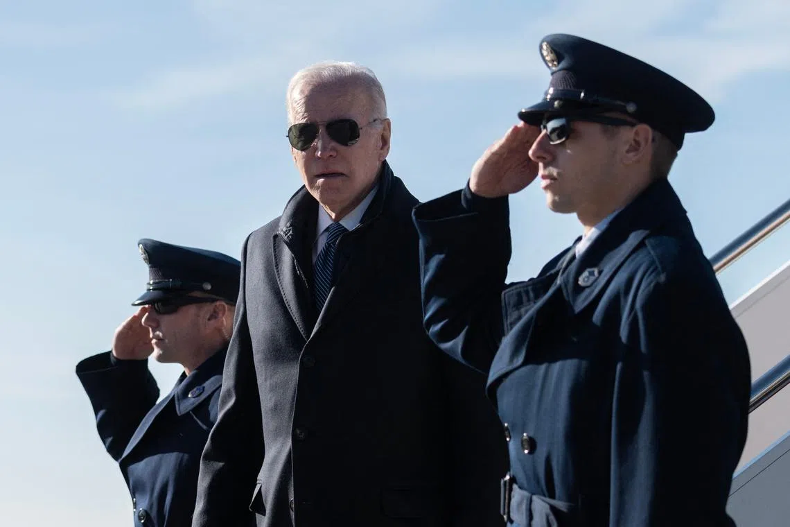 US President Joe Biden arrives at Hagerstown Regional Airport in Hagerstown, Maryland, on February 4, 2023. - Biden on Saturday congratulated fighter pilots for taking down a Chinese spy balloon off the east coast after it spent several days flying over the US. "They successfully took it down. And I want to compliment our aviators who did it," Biden told reporters in Maryland. (Photo by ANDREW CABALLERO-REYNOLDS / AFP)