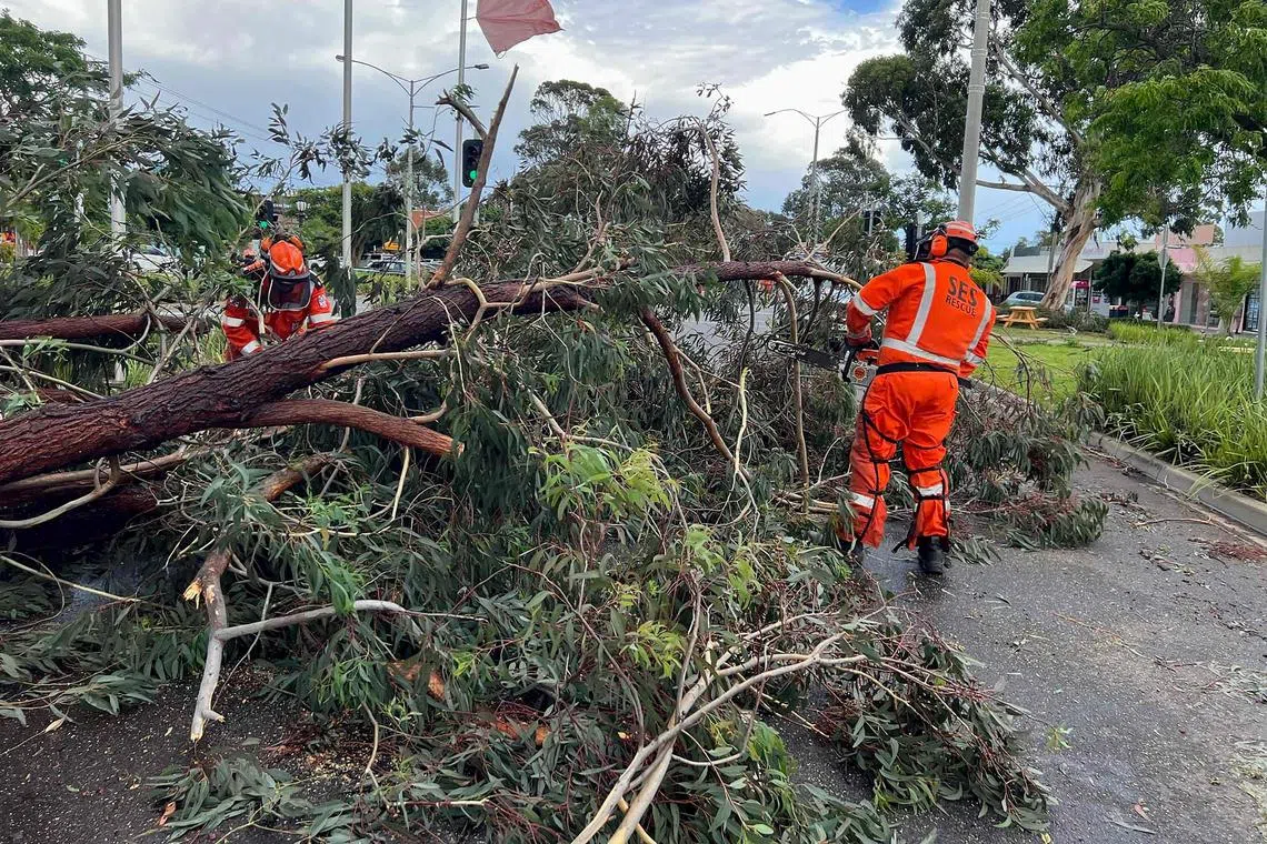 A handout photo taken on February 13, 2024 and received on February 14 by the Victoria State Emergency Service (VICSES) shows SES crews cleaning up storm damage in Melbourne. Storms packing powerful winds toppled trees, killed one person and knocked out power to hundreds of thousands of homes and businesses in eastern Australia, officials said. (Photo by VICTORIA STATE EMERGENCY SERVICE / AFP) / RESTRICTED TO EDITORIAL USE - MANDATORY CREDIT "AFP PHOTO / VICTORIA STATE EMERGENCY SERVICE" - NO MARKETING - NO ADVERTISING CAMPAIGNS - DISTRIBUTED AS A SERVICE TO CLIENTS