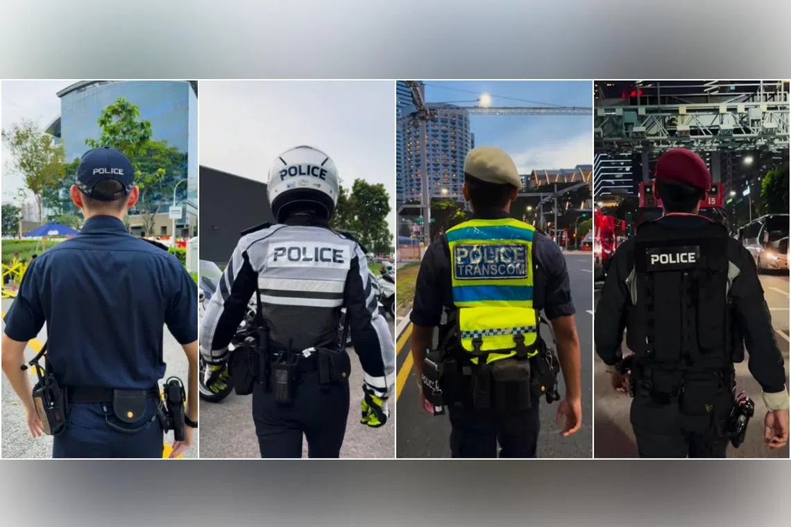 The reel shows police officers from various units, including uniformed officers, Traffic Police, Public Transport Security Command and an armour unit, filmed from the back.