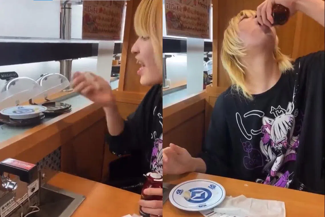 The clip shows a member of the group drinking soya sauce directly from a communal bottle.