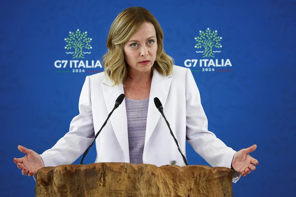 Italian Prime Minister Giorgia Meloni holds a press conference after the annual G7 summit at the Borgo Egnazia resort, in Savelletri, Italy June 15, 2024. REUTERS/Guglielmo Mangiapane