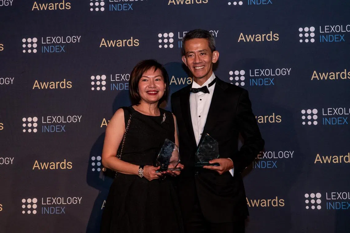 Senior Counsel Cavinder Bull and Ms Blossom Hing at the worldwide Lexology Index awards held in London on Nov 7. Mr Bull, who is chief executive officer of law firm Drew & Napier, won the global award for commercial litigation lawyer of the year. Ms Hing, a director at Drew & Napier, was named restructuring and insolvency lawyer of the year.

Source/Credit: Lexology Index
