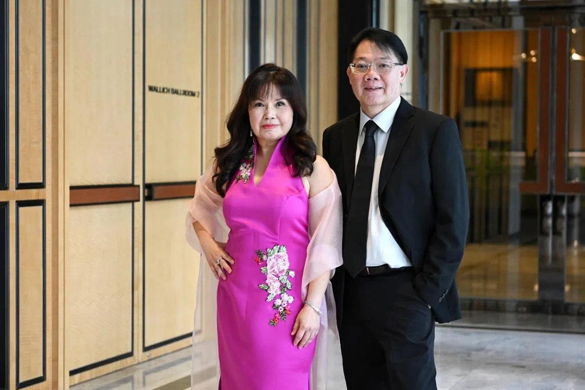 Brain Tumour Society Singapore (BTSS) founder Melissa Lim with Mr Peter Koh, a long-time volunteer with BTSS who was recognised for his contributions to brain tumour patients on Jan 25.